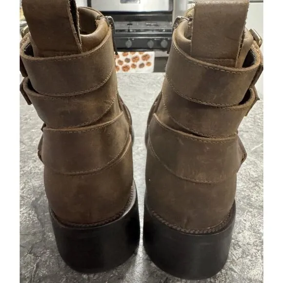 Jeffrey Campbell Belted Up Brown Leather Biker Boots Side Zip Sz 10