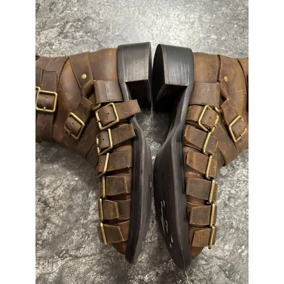 Jeffrey Campbell Belted Up Brown Leather Biker Boots Side Zip Sz 10