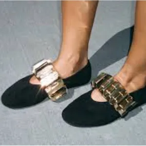 Jeffrey Campbell Black and Gold Flats with Geometric Buckle size 6.5