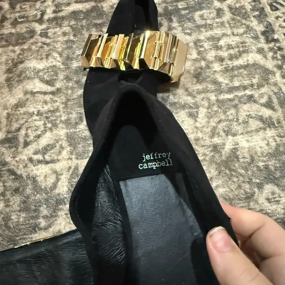Jeffrey Campbell Black and Gold Flats with Geometric Buckle size 6.5