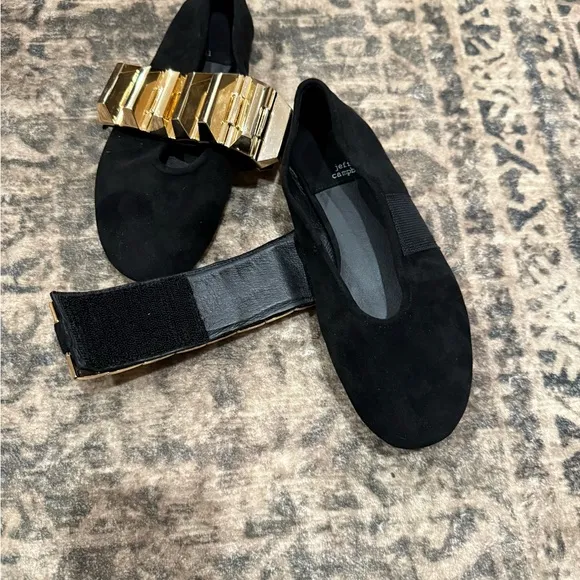 Jeffrey Campbell Black and Gold Flats with Geometric Buckle size 6.5