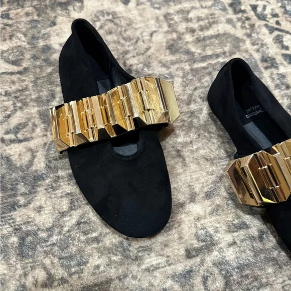 Jeffrey Campbell Black and Gold Flats with Geometric Buckle size 6.5