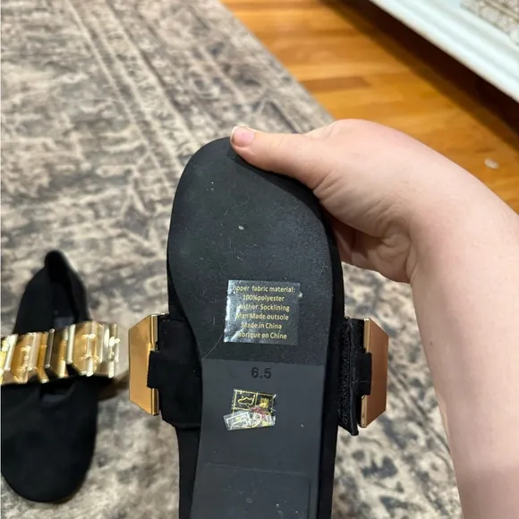 Jeffrey Campbell Black and Gold Flats with Geometric Buckle size 6.5