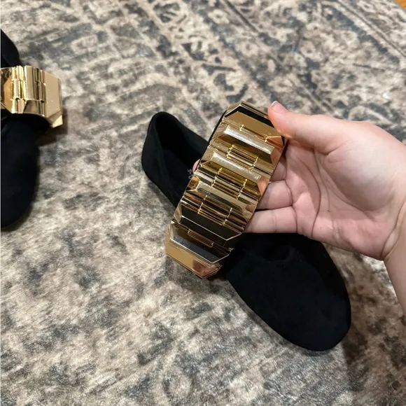Jeffrey Campbell Black and Gold Flats with Geometric Buckle size 6.5