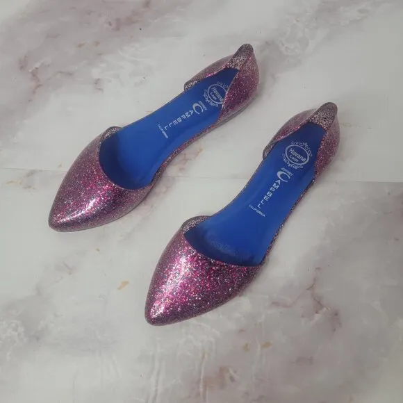 JEFFREY CAMPBELL GLITTER SPARKLE PINK JELLY FLATS HAVANA US LADIES SZ 8 SLIP ON