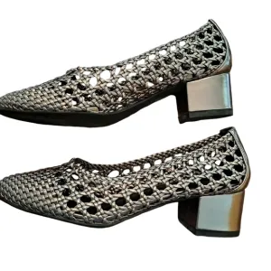 Jeffrey Campbell sz 8 metallic basketweave block heel slip on shoes career