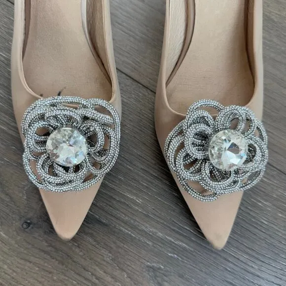 Jeffrey Campbell x REVOLVE Viviana Mules Satin Creme Rhinestones 7 Kitten Heel