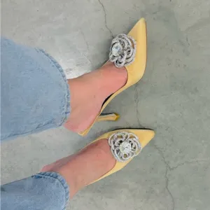 Jeffrey Campbell x REVOLVE Viviana Mules Satin Creme Rhinestones 7 Kitten Heel