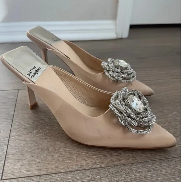 Jeffrey Campbell x REVOLVE Viviana Mules Satin Creme Rhinestones 7 Kitten Heel