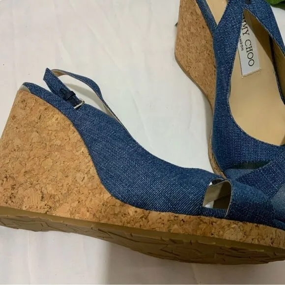 Jimmy Choo Amely 105 Slingback Sandals Denim Cork Wedges size 39.5