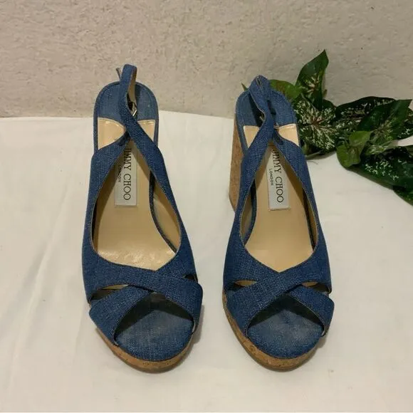 Jimmy Choo Amely 105 Slingback Sandals Denim Cork Wedges size 39.5