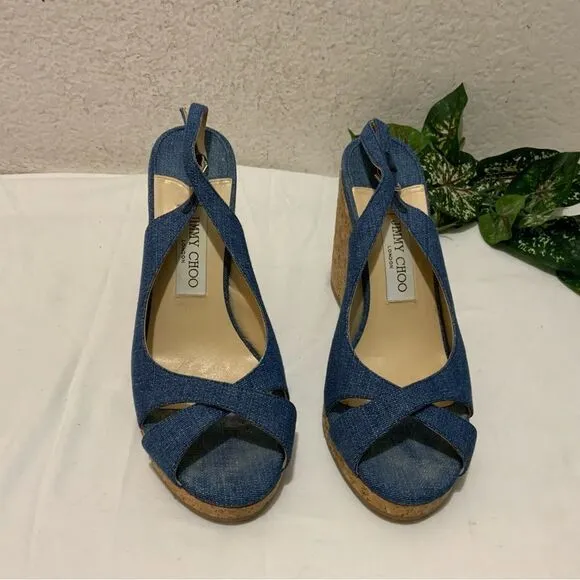 Jimmy Choo Amely 105 Slingback Sandals Denim Cork Wedges size 39.5