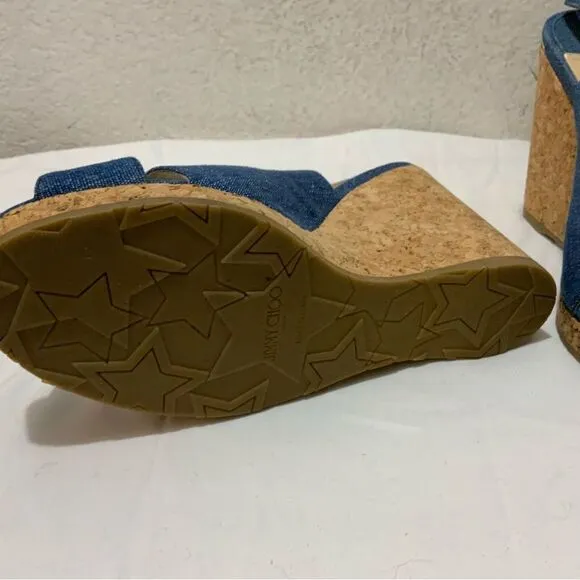 Jimmy Choo Amely 105 Slingback Sandals Denim Cork Wedges size 39.5