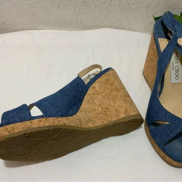 Jimmy Choo Amely 105 Slingback Sandals Denim Cork Wedges size 39.5