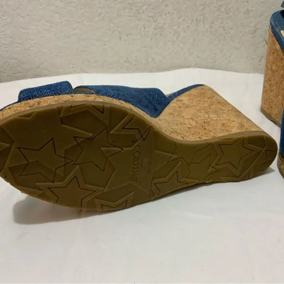 Jimmy Choo Amely 105 Slingback Sandals Denim Cork Wedges size 39.5