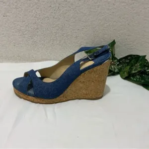 Jimmy Choo Amely 105 Slingback Sandals Denim Cork Wedges size 39.5