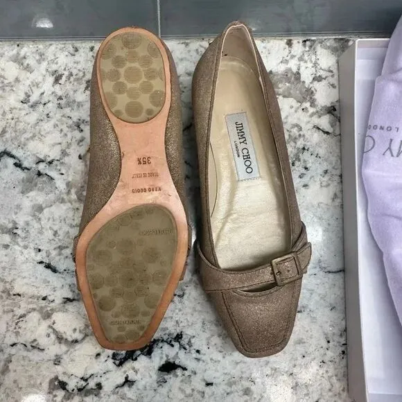 Jimmy Choo Gold Brushed Ballet Flats with Box and Dust bag Size 5