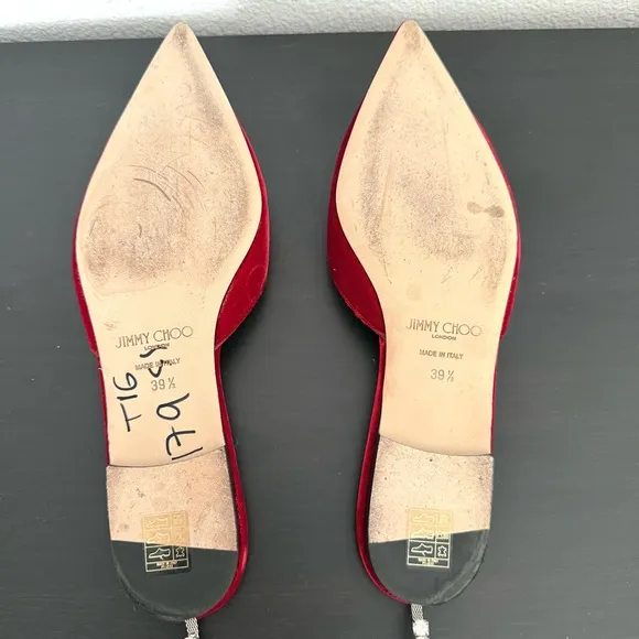 Jimmy Choo Red Velvet Crystal Embellished Ankle Strap Pointed Toe Flats