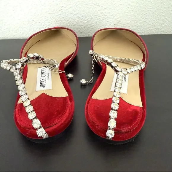 Jimmy Choo Red Velvet Crystal Embellished Ankle Strap Pointed Toe Flats
