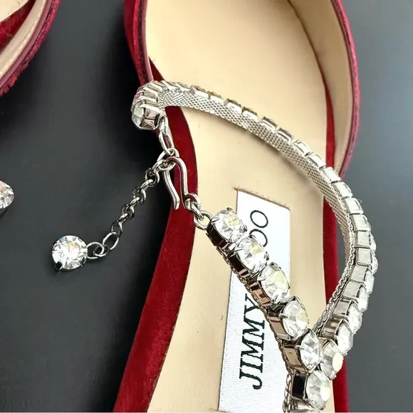 Jimmy Choo Red Velvet Crystal Embellished Ankle Strap Pointed Toe Flats