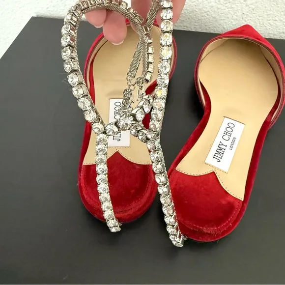 Jimmy Choo Red Velvet Crystal Embellished Ankle Strap Pointed Toe Flats