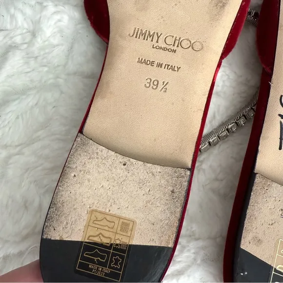 Jimmy Choo Red Velvet Crystal Embellished Ankle Strap Pointed Toe Flats