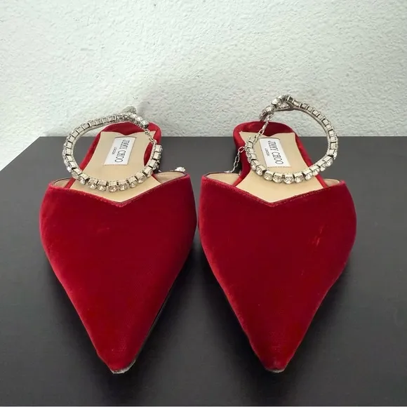 Jimmy Choo Red Velvet Crystal Embellished Ankle Strap Pointed Toe Flats