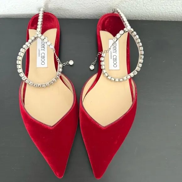 Jimmy Choo Red Velvet Crystal Embellished Ankle Strap Pointed Toe Flats