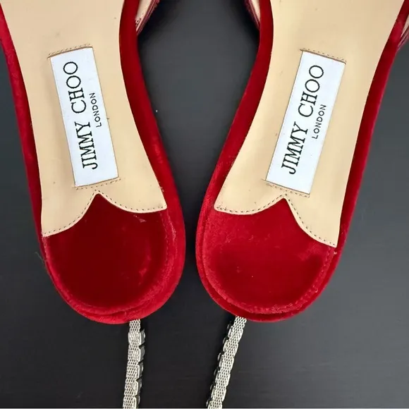 Jimmy Choo Red Velvet Crystal Embellished Ankle Strap Pointed Toe Flats