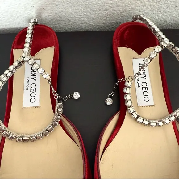 Jimmy Choo Red Velvet Crystal Embellished Ankle Strap Pointed Toe Flats