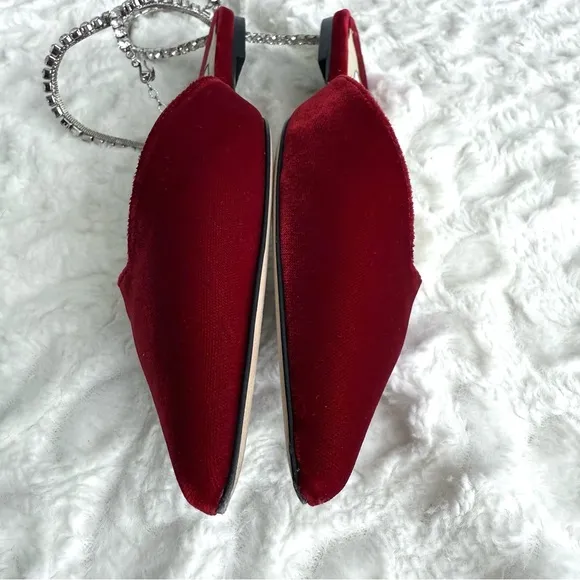 Jimmy Choo Red Velvet Crystal Embellished Ankle Strap Pointed Toe Flats