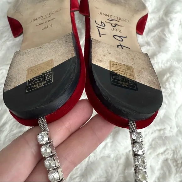 Jimmy Choo Red Velvet Crystal Embellished Ankle Strap Pointed Toe Flats
