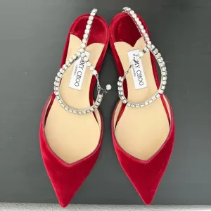 Jimmy Choo Red Velvet Crystal Embellished Ankle Strap Pointed Toe Flats