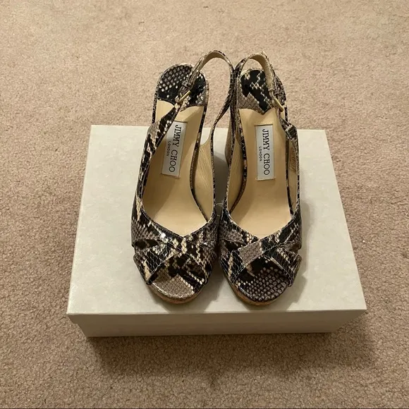 Jimmy Choo Slingback Leather Wedges Amely Snake Print Size 7