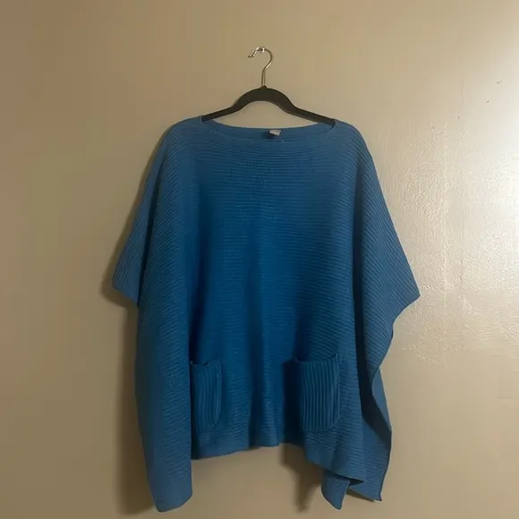 J.Jill Sweater 1 SZ Poncho Wool Blend Pockets Knitted Textured French Blue