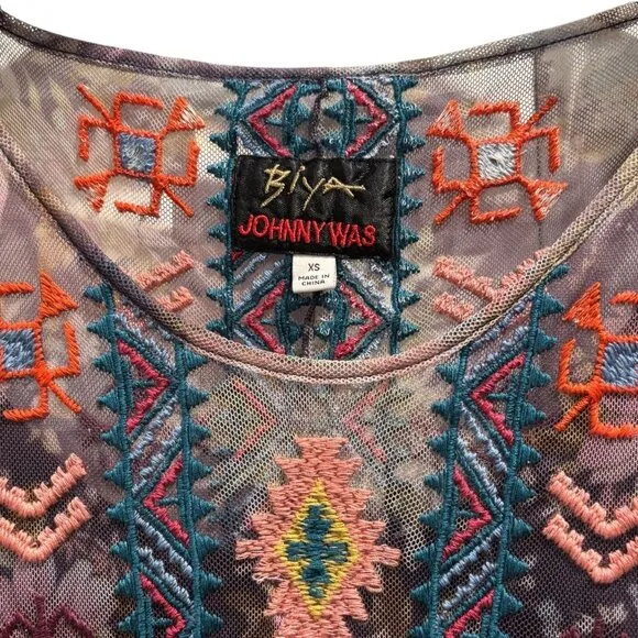 Johnny Was Biya Mesh Dress XS Embroidered Boho Festival Sleeveless
