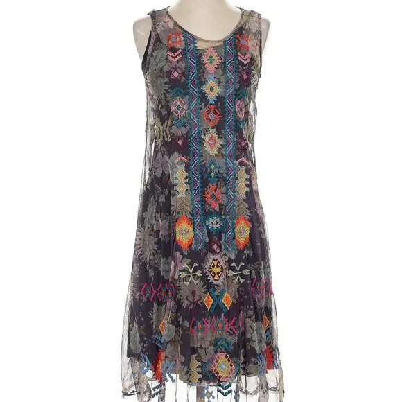 Johnny Was Biya Mesh Dress XS Embroidered Boho Festival Sleeveless