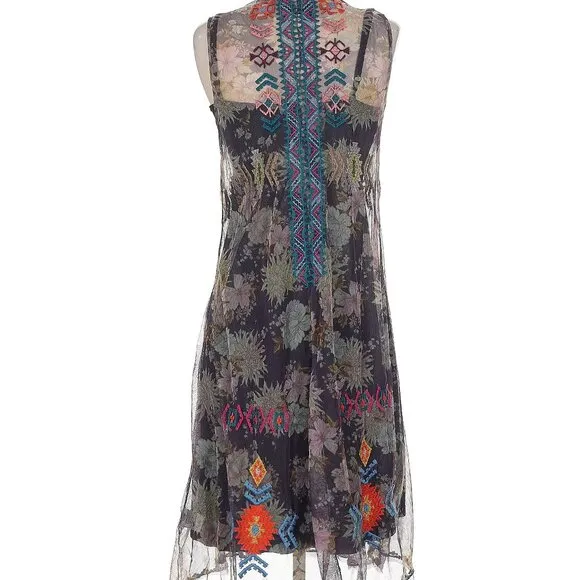 Johnny Was Biya Mesh Dress XS Embroidered Boho Festival Sleeveless