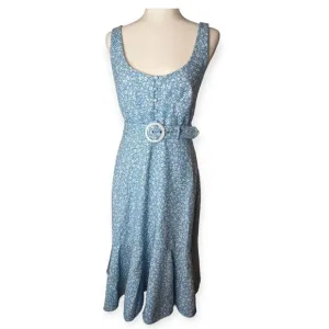 Jonathan Simkhai Belted Cocktail Dress Blue White Floral Crepe Hourglass Midi