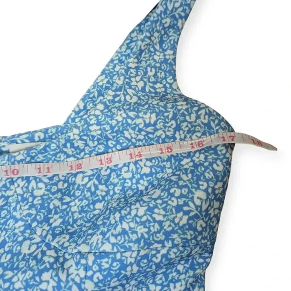 Jonathan Simkhai Belted Cocktail Dress Blue White Floral Crepe Hourglass Midi