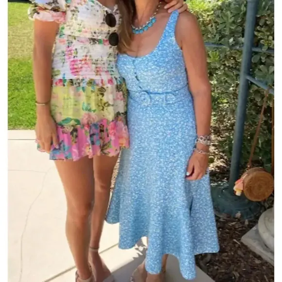 Jonathan Simkhai Belted Cocktail Dress Blue White Floral Crepe Hourglass Midi