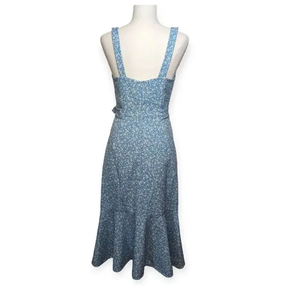 Jonathan Simkhai Belted Cocktail Dress Blue White Floral Crepe Hourglass Midi