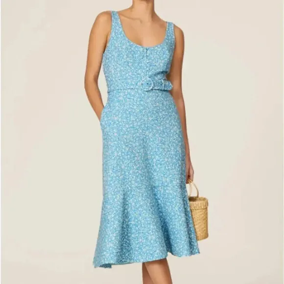 Jonathan Simkhai Belted Cocktail Dress Blue White Floral Crepe Hourglass Midi