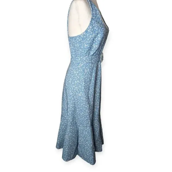 Jonathan Simkhai Belted Cocktail Dress Blue White Floral Crepe Hourglass Midi