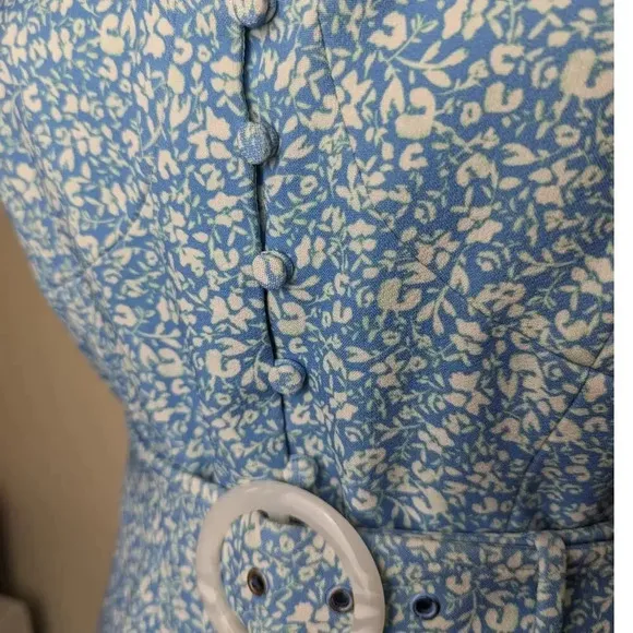 Jonathan Simkhai Belted Cocktail Dress Blue White Floral Crepe Hourglass Midi