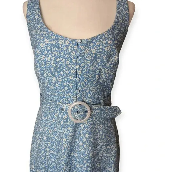 Jonathan Simkhai Belted Cocktail Dress Blue White Floral Crepe Hourglass Midi