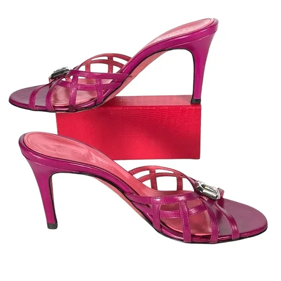 Judith Leiber Pink Leather Sandals Strappy Heeled Shoes Crystal Jewel Italian