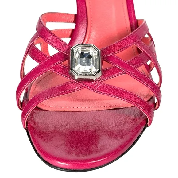Judith Leiber Pink Leather Sandals Strappy Heeled Shoes Crystal Jewel Italian