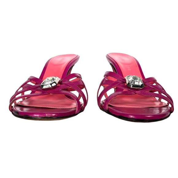 Judith Leiber Pink Leather Sandals Strappy Heeled Shoes Crystal Jewel Italian