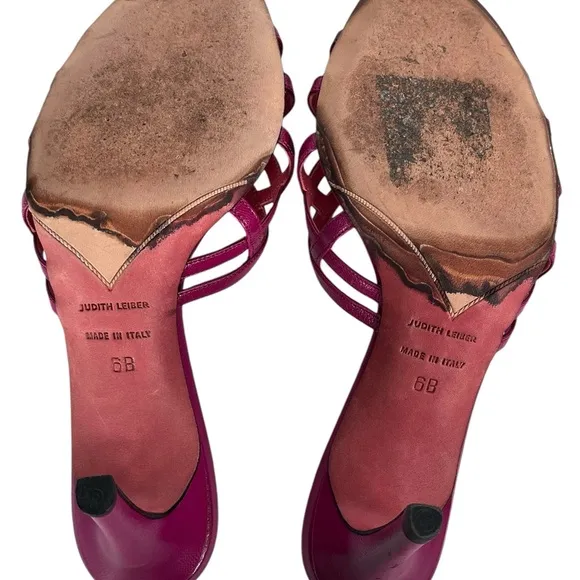 Judith Leiber Pink Leather Sandals Strappy Heeled Shoes Crystal Jewel Italian